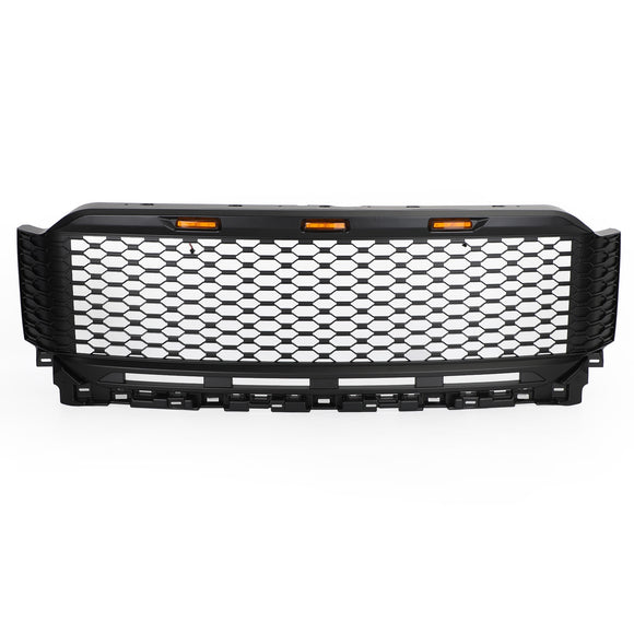 2021–2023 Ford F150 Raptor Style Grille Frontstoßstange Schwarzer Grill MIT/LED<rAMP>Kameraloch mit FORD-Buchstaben