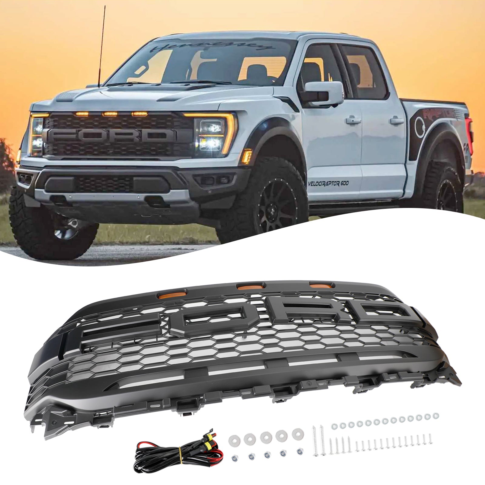 Grille de pare-chocs avant de remplacement de style Ford Raptor 2021-2023 F150 XLT/Lariat/Platinum/King Grille noire avec LED