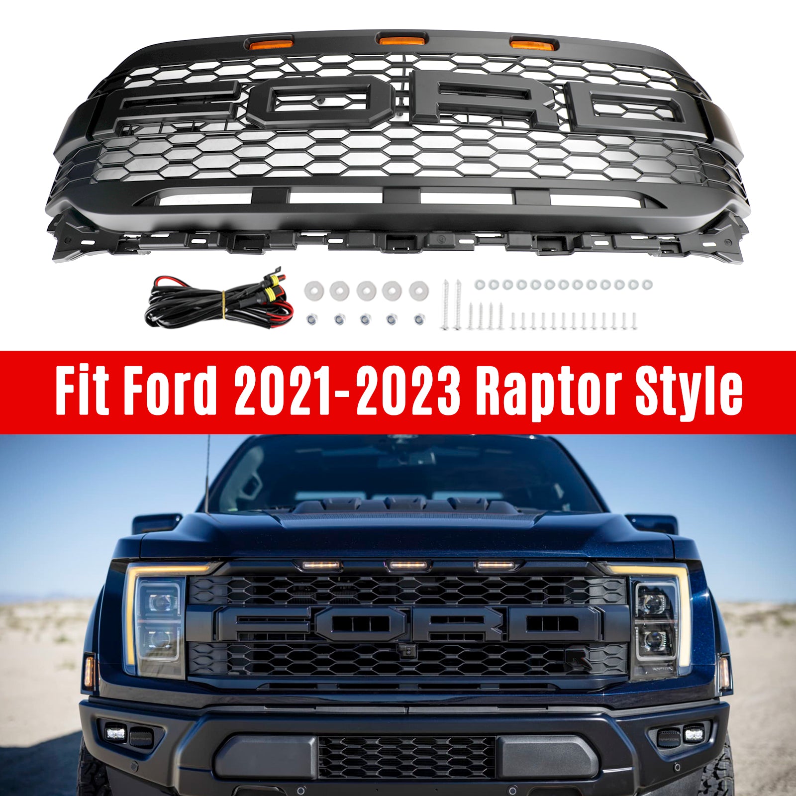 Rejilla de parachoques delantera de repuesto estilo Raptor para Ford 2021-2023 F150 XLT/Lariat/Platinum/King, color negro, con LED