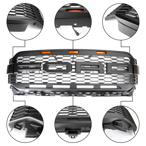 Ford F150 2021 2022 2023 Parrilla estilo Raptor Parachoques delantero Parrilla negra mate en forma de panal con luz LED