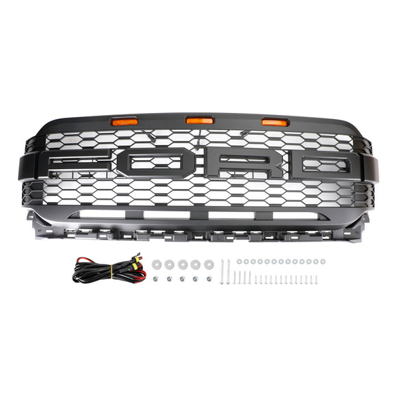 Ford F150 2021 2022 2023 Parrilla estilo Raptor Parachoques delantero Parrilla negra mate en forma de panal con luz LED