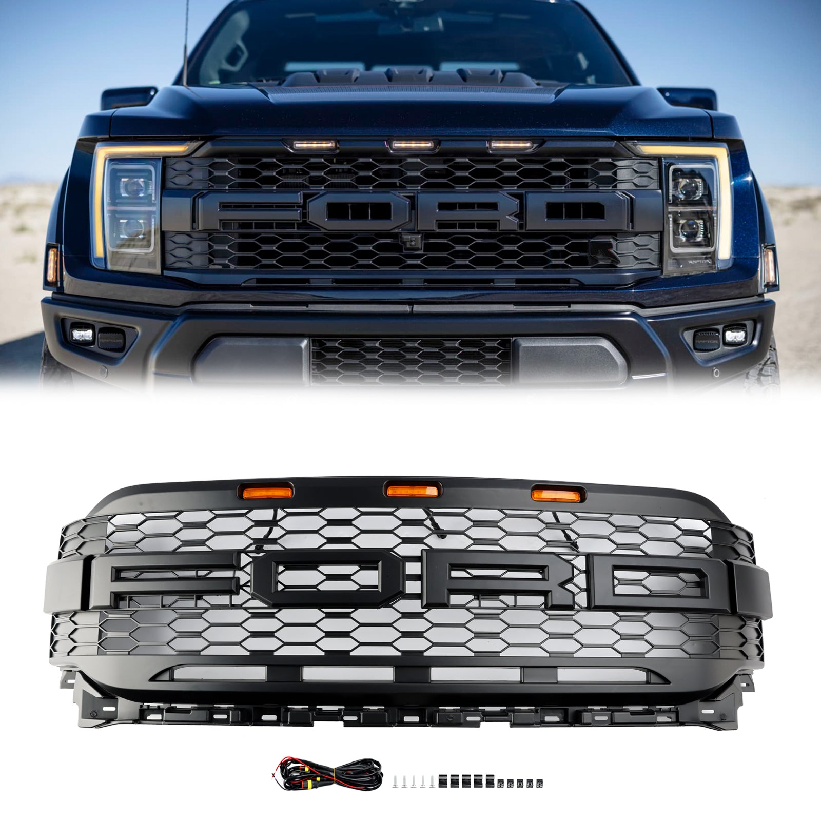 Grille de pare-chocs avant de remplacement de style Ford Raptor 2021-2023 F150 XLT/Lariat/Platinum/King Grille noire avec LED