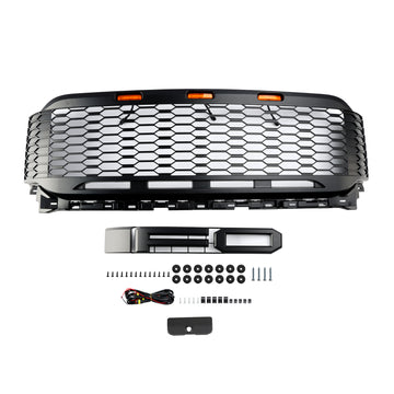 Calandre de style Ford F150 Raptor 2021 – 2023, pare-chocs avant noir avec/LED<rampe>trou de caméra avec lettre FORD