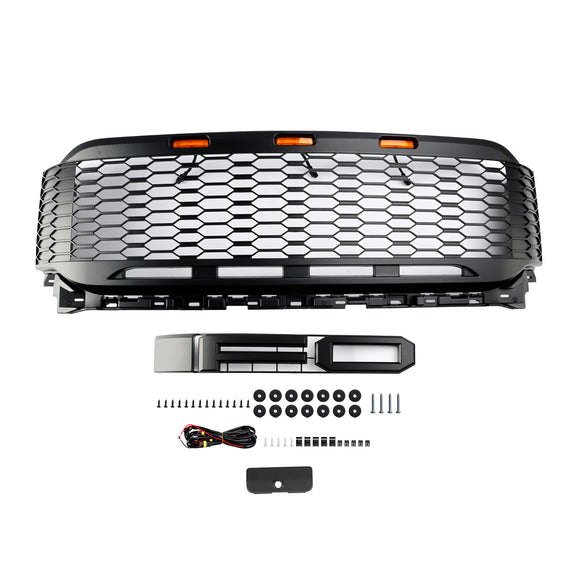 2021–2023 Ford F150 Raptor Style Grille Frontstoßstange Schwarzer Grill MIT/LED<rAMP>Kameraloch mit FORD-Buchstaben