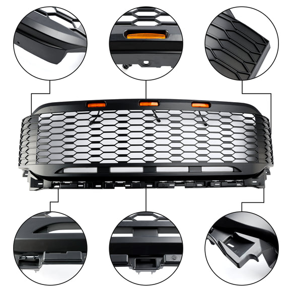 Ford F150 2021 2022 2023 Raptor Style Grill Frontstoßstange Waben mattschwarzer Grill mit LED-Licht