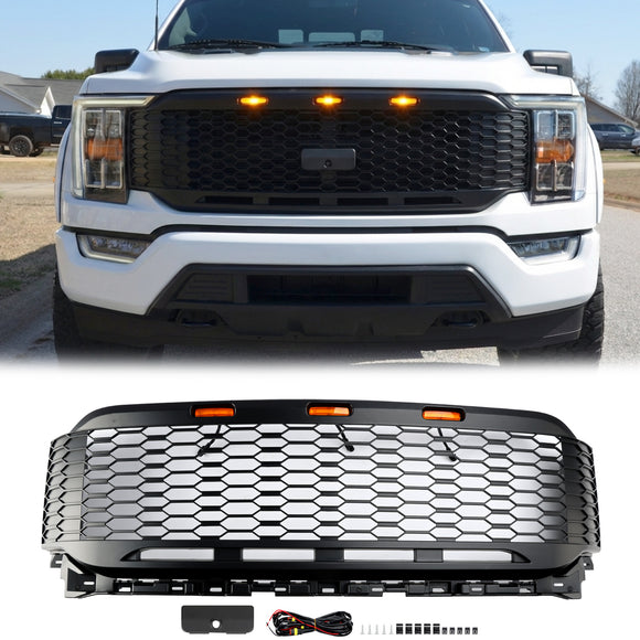 Ford F150 2021 2022 2023 Raptor Style Grill Frontstoßstange Waben mattschwarzer Grill mit LED-Licht