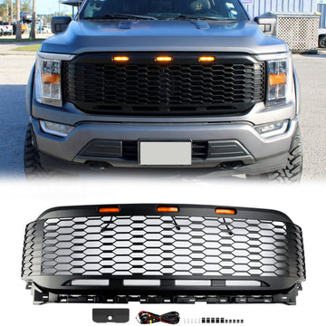 Ford 2021–2023 F150 XLT/Lariat/Platinum/King Raptor Style Ersatz-Frontstoßstangengrill, schwarzer Kühlergrill mit LED