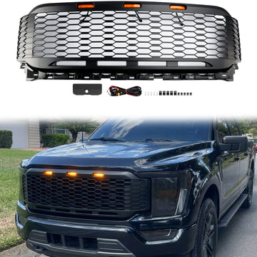 Raptor Style Grill für 2021–2023 Ford F150 Frontstoßstange Wabenschwarzer Grill mit LED & Kameraloch