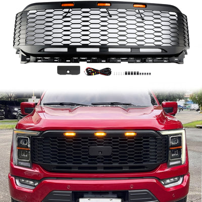 Parrilla estilo Ford F150 Raptor 2021-2023 Parachoques delantero Parrilla negra CON/LED<rAMP>Agujero para cámara