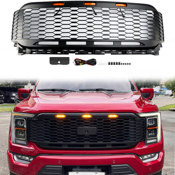 Ford F150 2021 2022 2023 Raptor Style Grill Frontstoßstange Waben mattschwarzer Grill mit LED-Licht