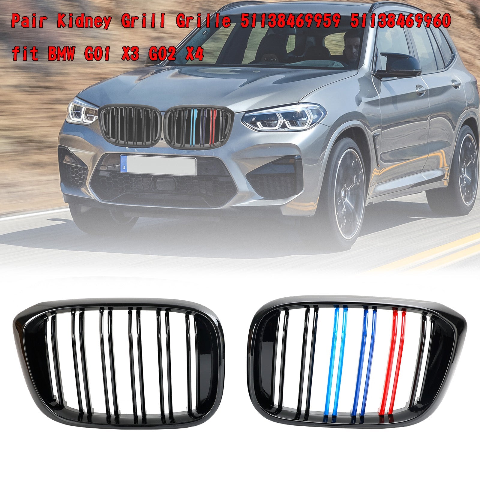 Calandre noire brillante de couleur M pour BMW X3 G01 xDrive30i/xDrive20d/xDrive30d/xDrive30e/M40i 2018-2021