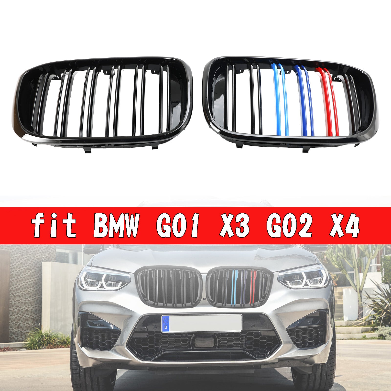 Calandre noire brillante de couleur M pour BMW X3 G01 xDrive30i/xDrive20d/xDrive30d/xDrive30e/M40i 2018-2021