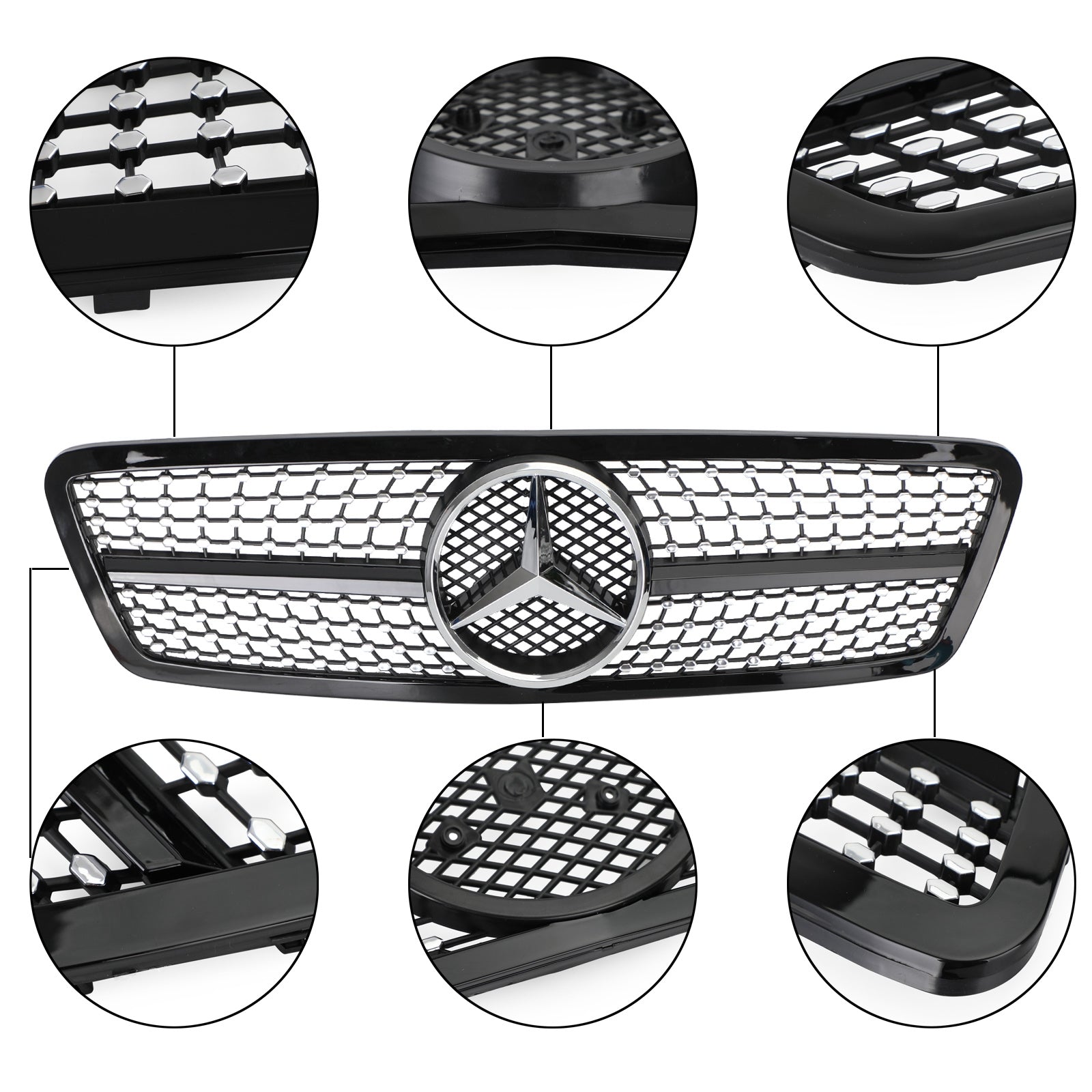 Grille de pare-chocs avant de remplacement noire/chromée pour Mercedes-Benz Classe C W203 4 portes 2001-2007