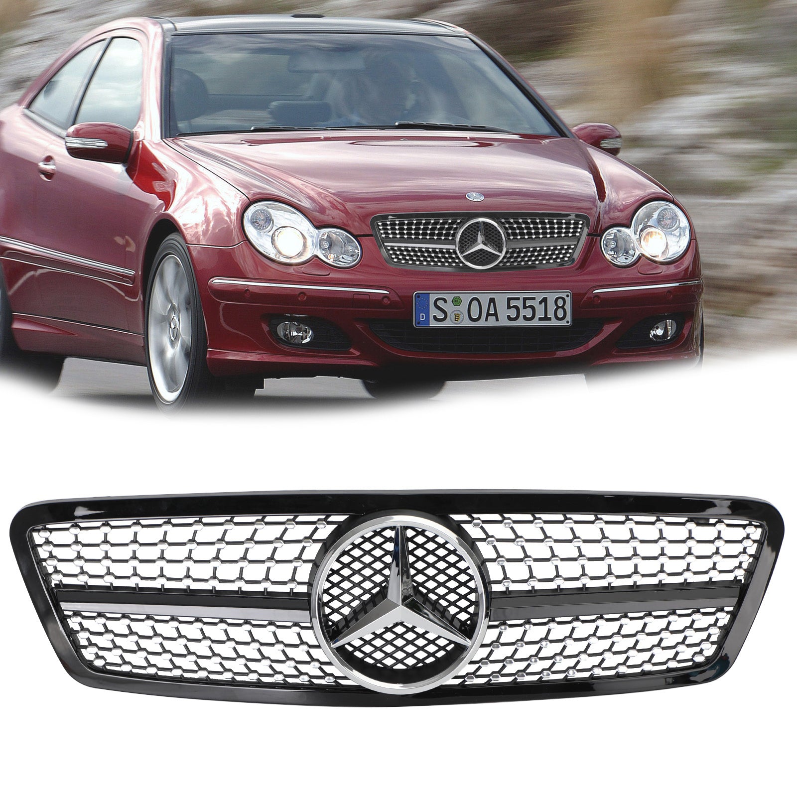 Reemplazo de parrilla delantera de parachoques con rejilla negra y cromada para Mercedes-Benz Clase C W203 de 4 puertas 2001-2007