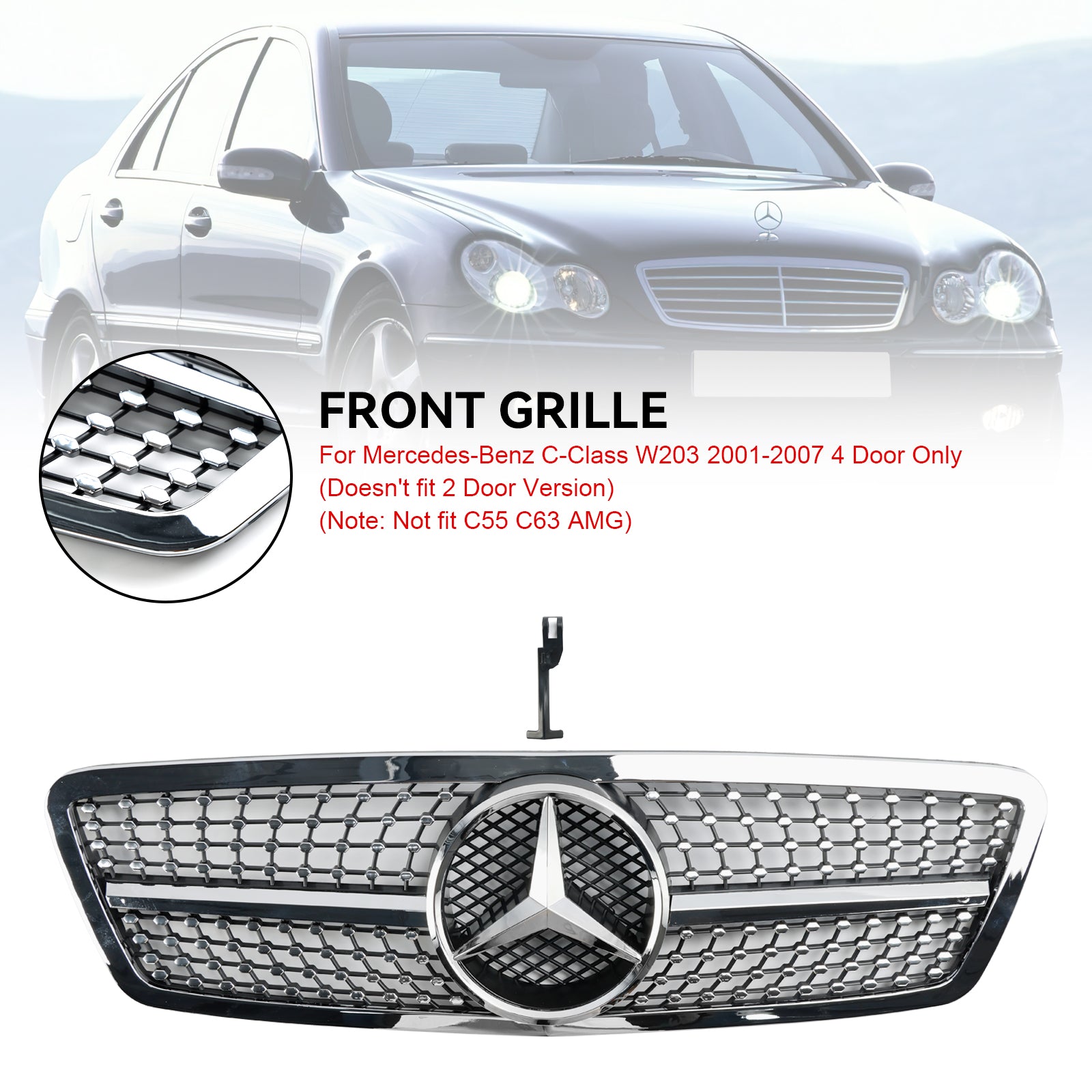 Grille de pare-chocs avant de remplacement noire/chromée pour Mercedes-Benz Classe C W203 4 portes 2001-2007