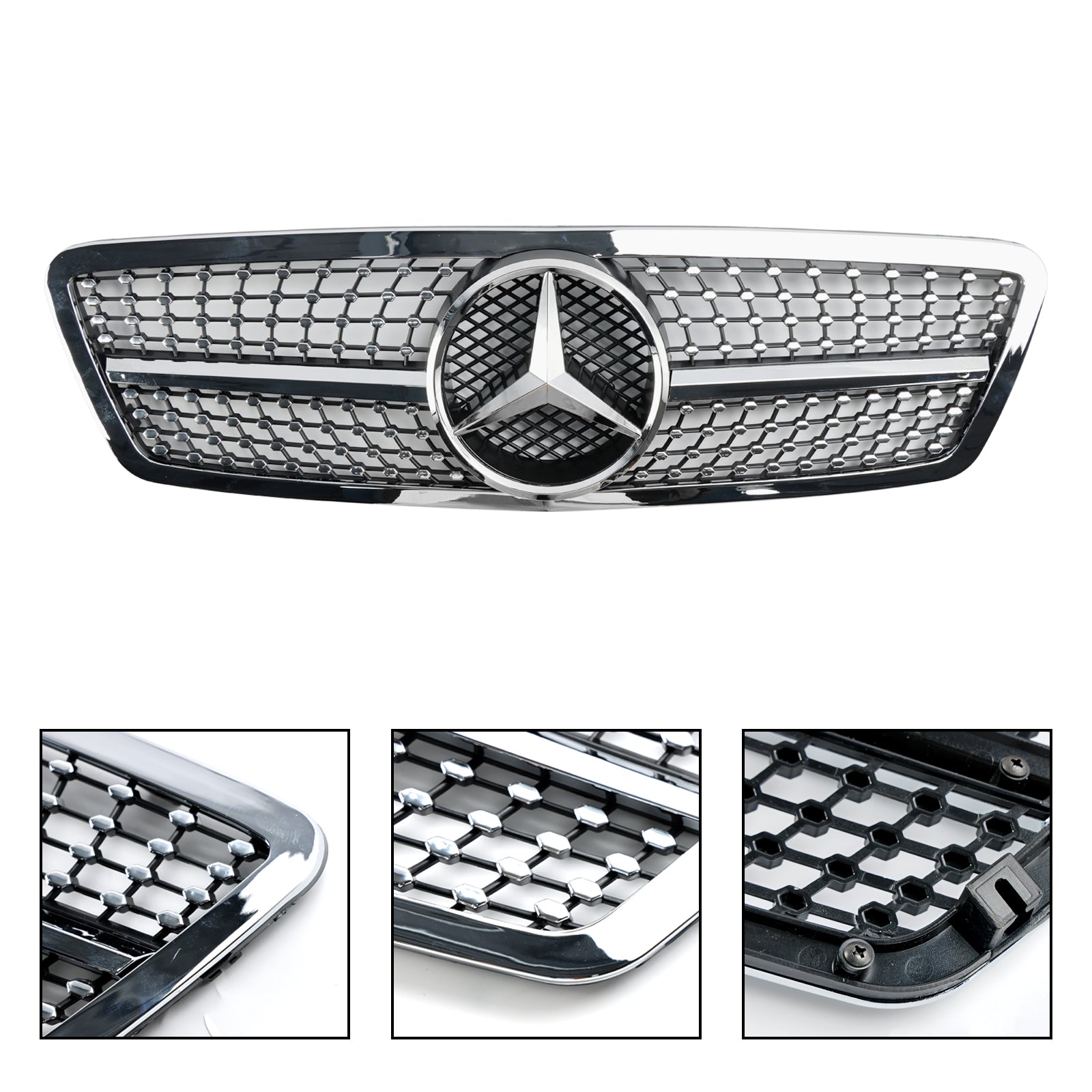 Grille de pare-chocs avant de remplacement noire/chromée pour Mercedes-Benz Classe C W203 4 portes 2001-2007