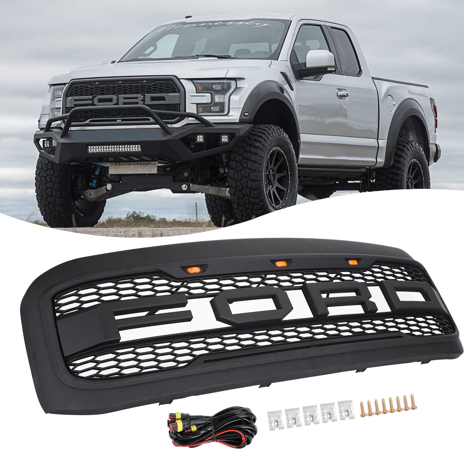 Grille de remplacement de style Ford Raptor pour Excursion F250 F350 F450 F550 1999-2004 Grille noire Super Duty