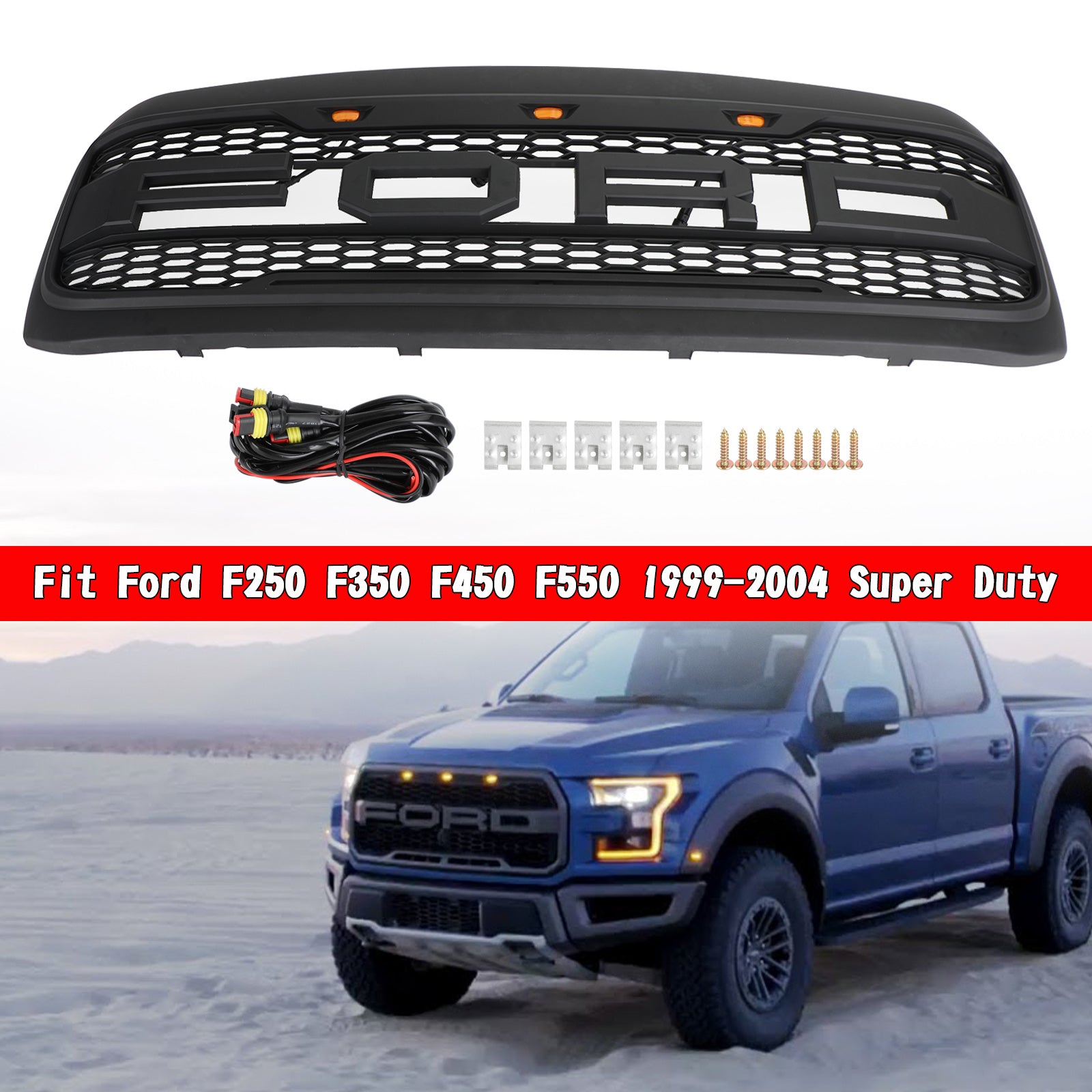 Reemplazo de parrilla estilo Raptor para Ford Excursion F250 F350 F450 F550 1999-2004, parrilla negra Super Duty