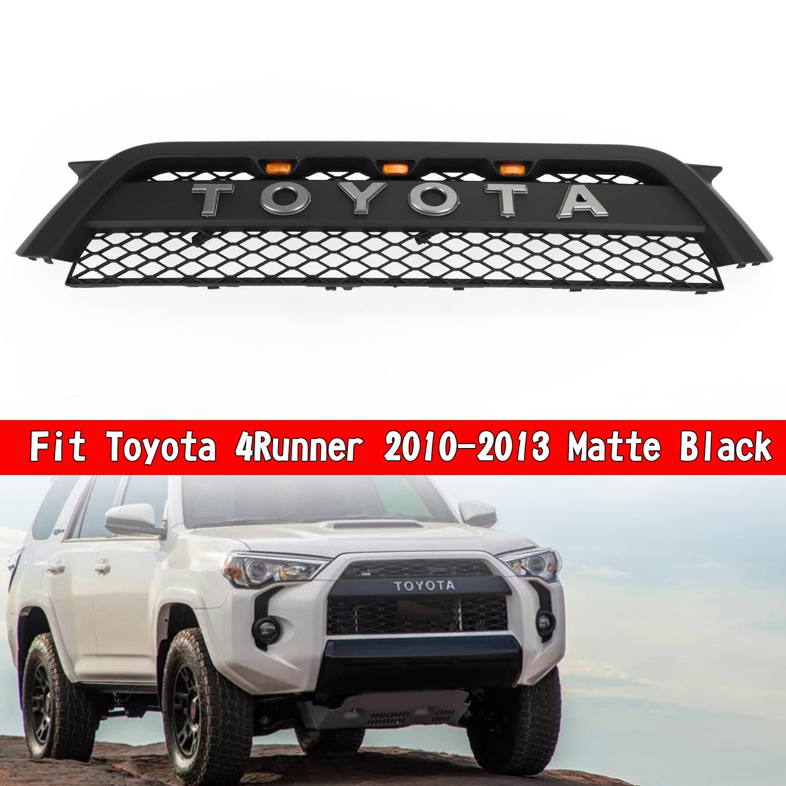 Parrilla delantera estilo Pro Style TRD para Toyota 4Runner 2010-2013, color negro mate, con luz LED