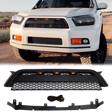 TRD PRO-Stil | Toyota 4Runner | 2010-2013 | Mattschwarzes Gitter | Ersatzgitter für die vordere Stoßstange + LED-Licht + Toyota-Buchstabe