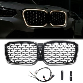 2022-2025 BMW X3 G01/X4 G02 chromowany diament czarny grill nerkowy wymiana przedniego zderzaka kratka z paskiem LED