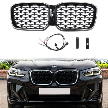 2022-2025 BMW X3 G01 / X4 G02 Kidney Front Bumper Grille Black Diamond Grill With LED - 0