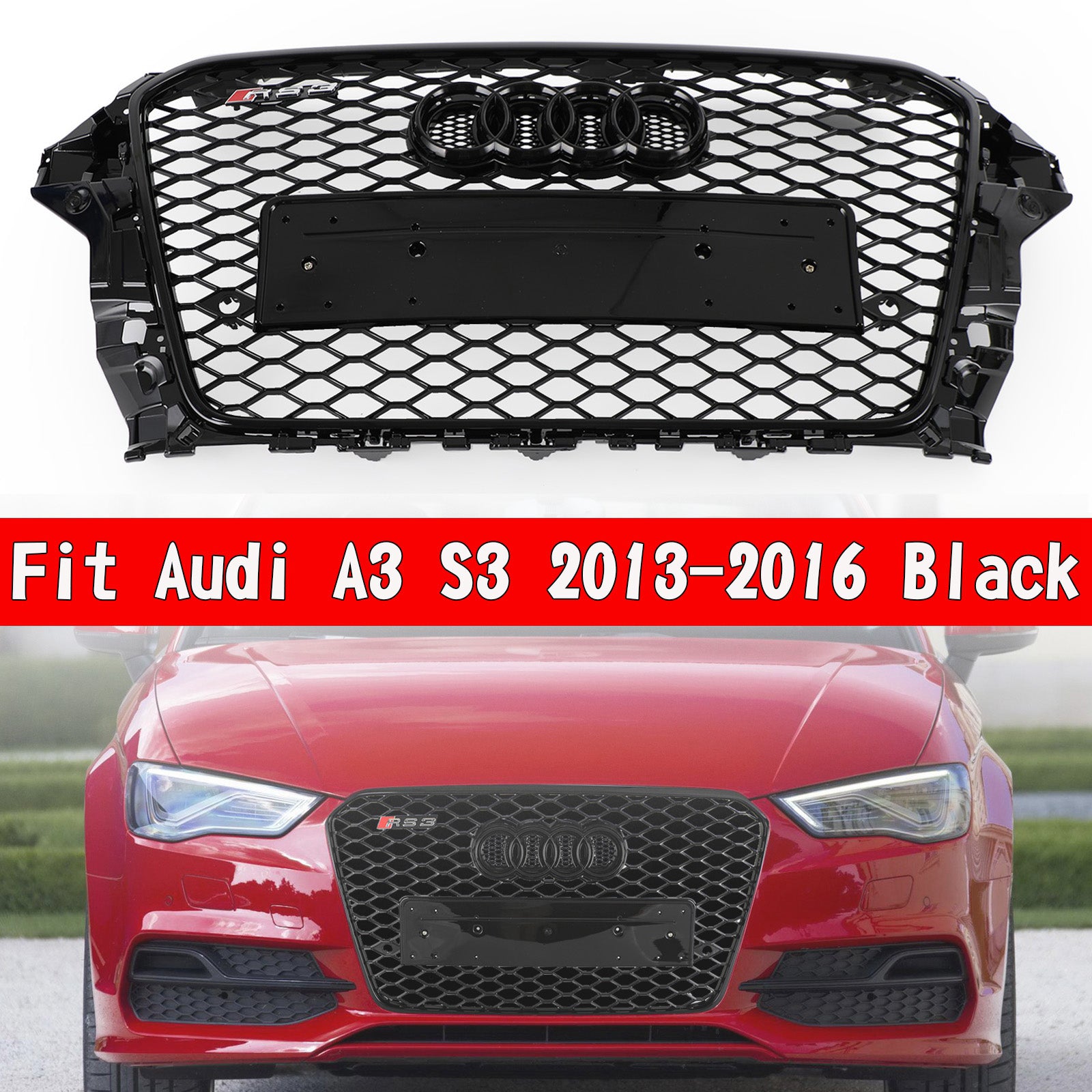 Audi A3 / A3 Sline / S3 2013-2016 Grille avant Radiateur d'admission d'air Grille de pare-chocs en nid d'abeille RS noir brillant avec emblème d'anneaux