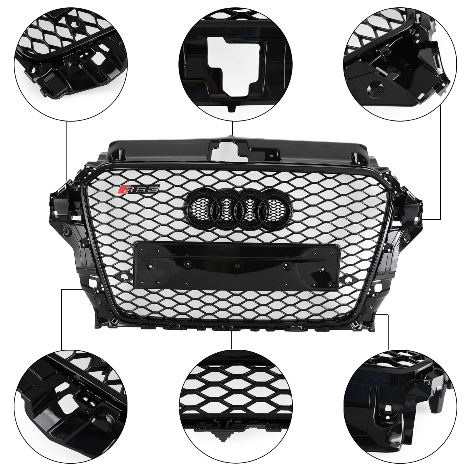 Audi A3 / A3 Sline / S3 2013-2016 Parrilla delantera Entrada de aire Radiador Rejilla de parachoques en forma de panal RS negra brillante con emblema de anillos