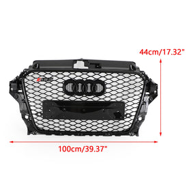 Audi A3/A3 Sline/S3 2013-2016 Parrilla delantera Radiador de entrada de aire Parrilla de parachoques RS en forma de panal negro brillante con emblema de anillos - 0