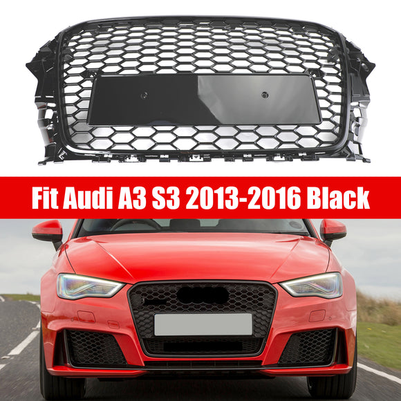 Audi A3/A3 Sline/S3 2013-2016 Parrilla delantera Radiador de entrada de aire Parrilla de parachoques RS en forma de panal negro brillante con emblema de anillos