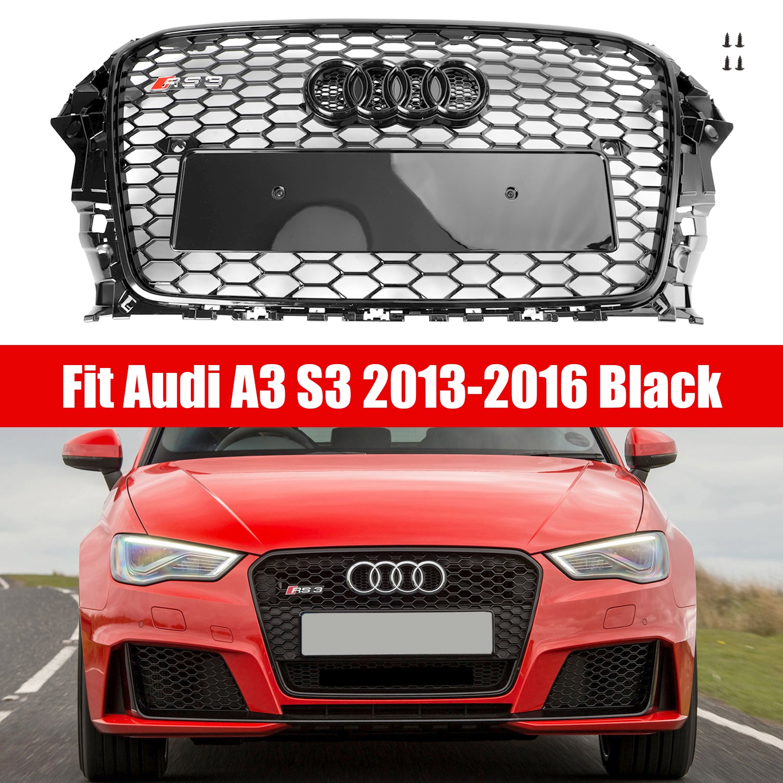 2013-2016 Audi A3 S3 RS3 Style Front Hood Henycomb Bumper Grille Replacement Black Grill