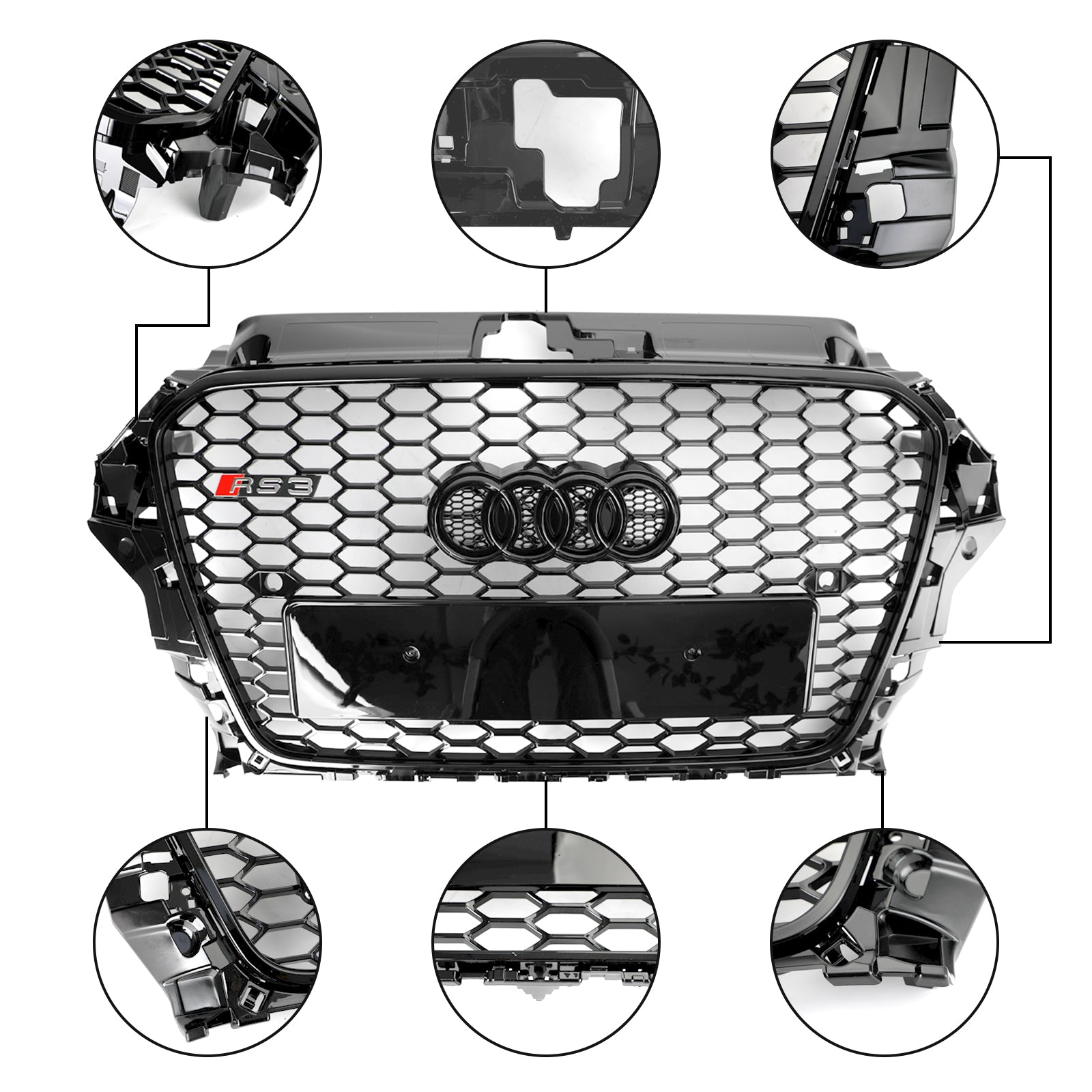 2013-2016 Audi A3 S3 RS3 Style Front Hood Henycomb Bumper Grille Replacement Black Grill