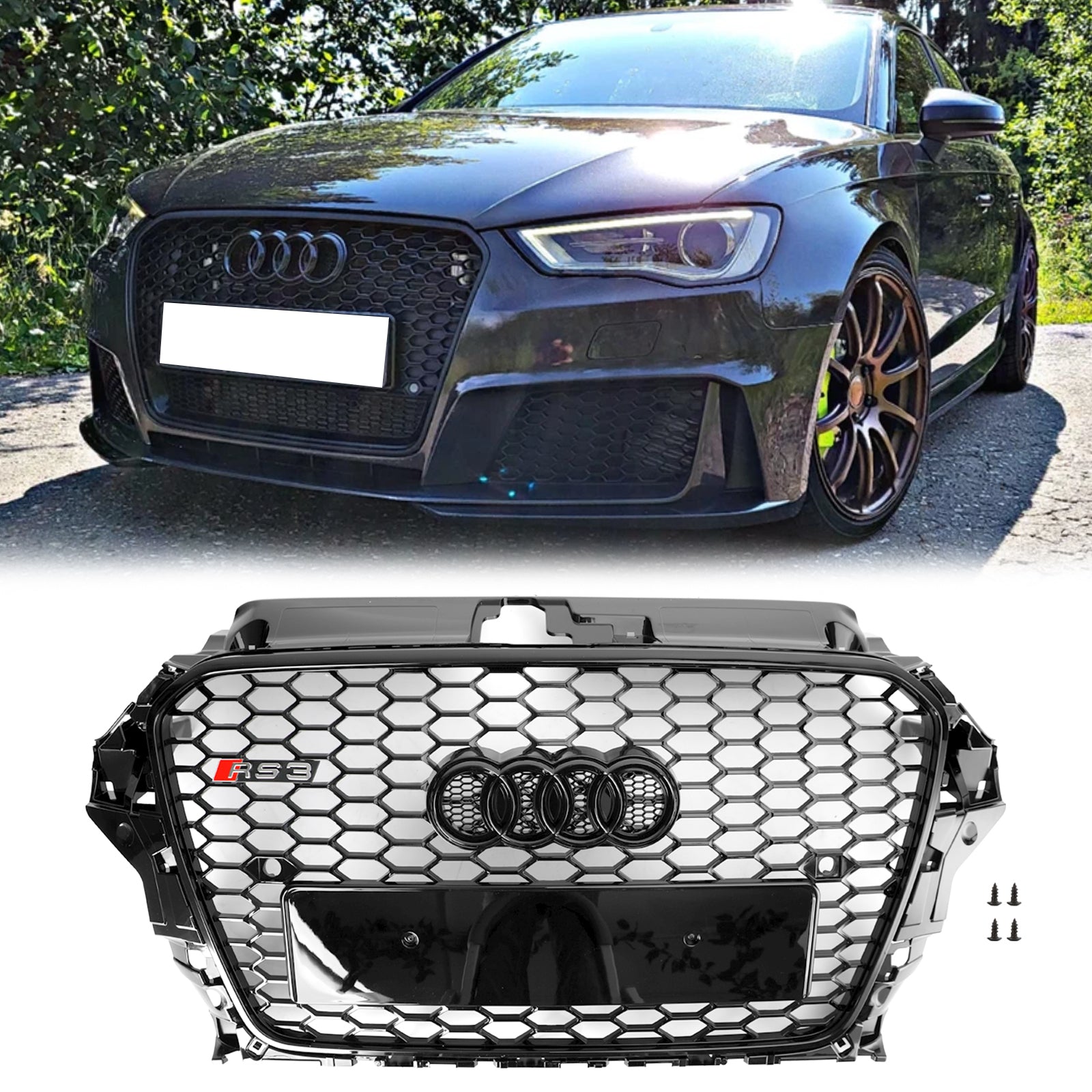 Audi A3 / A3 Sline / S3 2013-2016 Parrilla delantera Entrada de aire Radiador Rejilla de parachoques en forma de panal RS negra brillante con emblema de anillos