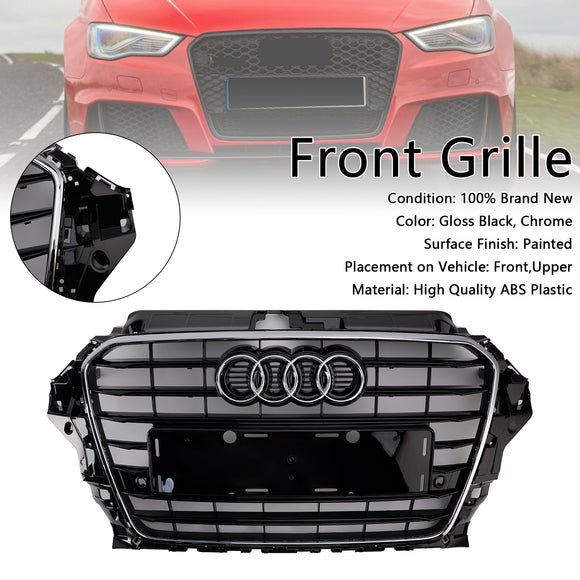 2013-2016 Audi A3/ A3 Sline/ S3 Front Bumper Grille Chrome Black Mesh Slat Grill W/ Ring Emblem