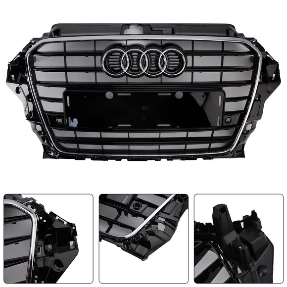 2013-2016 Audi A3/ A3 Sline/ S3 Front Bumper Grille Chrome Black Mesh Slat Grill W/ Ring Emblem