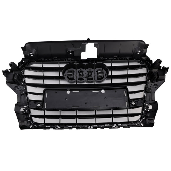 2013-2016 Audi A3/ A3 Sline/ S3 Front Bumper Grille Chrome Black Mesh Slat Grill W/ Ring Emblem