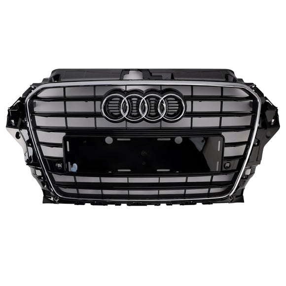 2013-2016 Audi A3/ A3 Sline/ S3 Front Bumper Grille Chrome Black Mesh Slat Grill W/ Ring Emblem