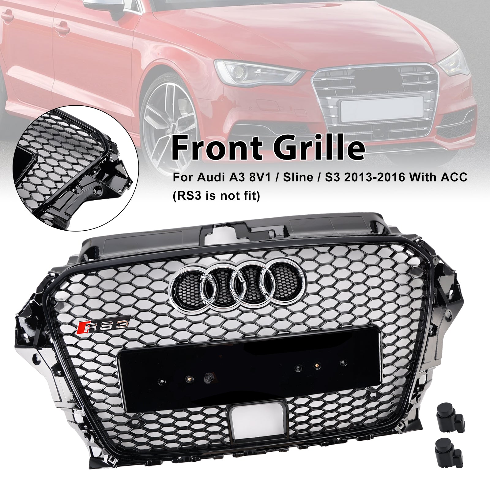 2013-2016 Audi A3/S3 RS3 Style Front Hood Henycomb Bumper Grille Replacement Black Grill W/ ACC Hole