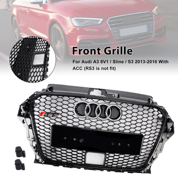 2013-2016 Audi A3/S3 RS3 Style Front Hood Henycomb Bumper Grille Replacement Black Grill W/ ACC Hole