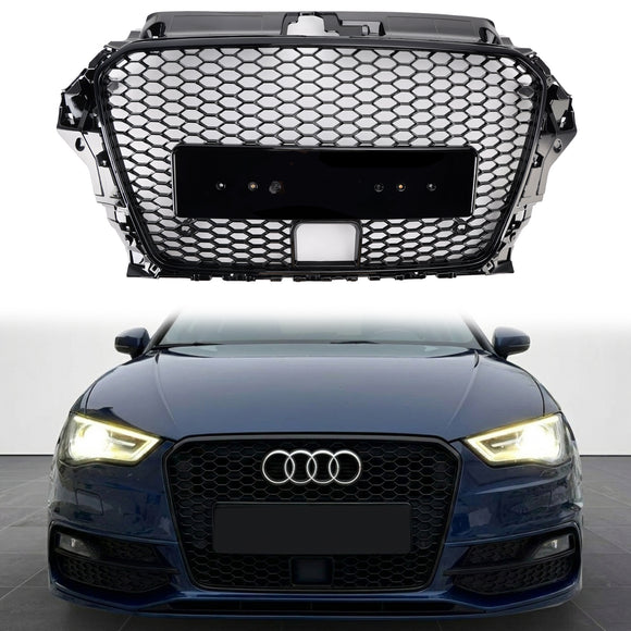 Audi A3 / A3 Sline / S3 Hoenycomb Front Grille Black Upper Bumper With ACC Hole RS3 Style Grill