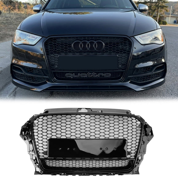 RS3 Quattro Style Front Grille For Audi A3/ A3 Sline/ S3 2013-2016 Honeycomb Bumper Black Grill