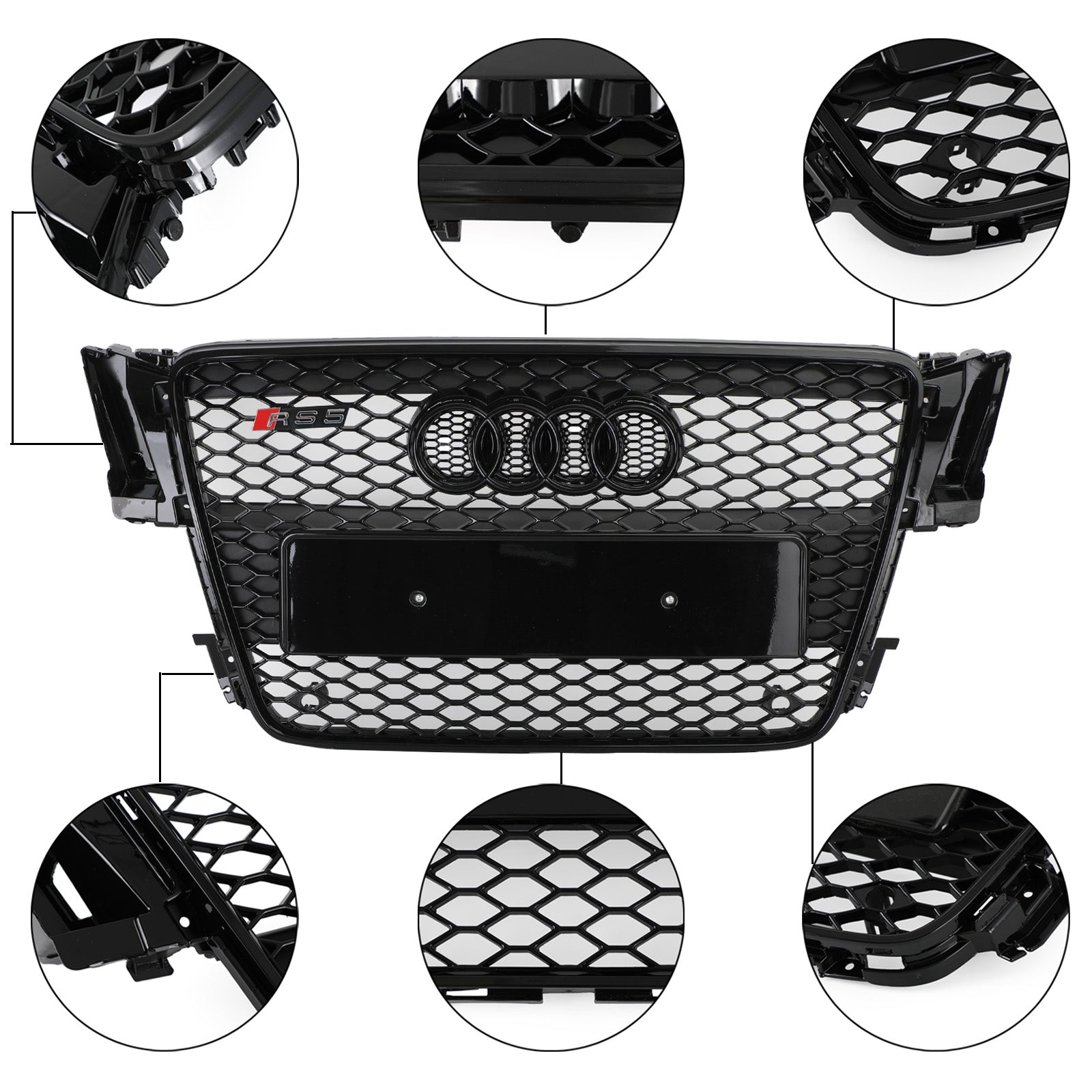 Audi 2008-2012 A5 S5 B8 Grill Replacement RS5 Style Hood Honeycomb Sport Mesh Black Grille