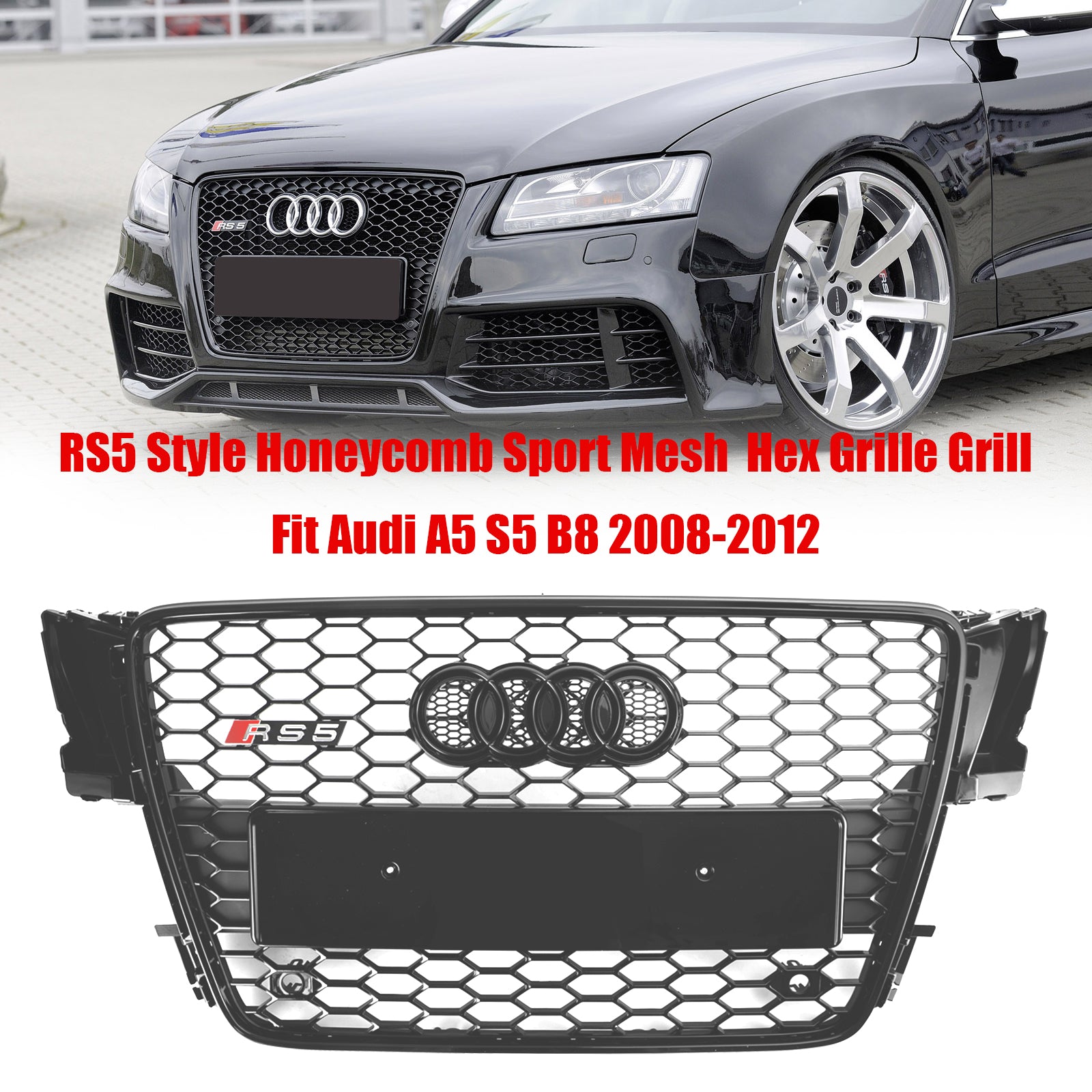 Audi 2008-2012 B8 A5/ A5 Sline/ S5  Honeycomb RS5 Grille Mesh Hex Glossy Black Front Grill With Ring Emblem