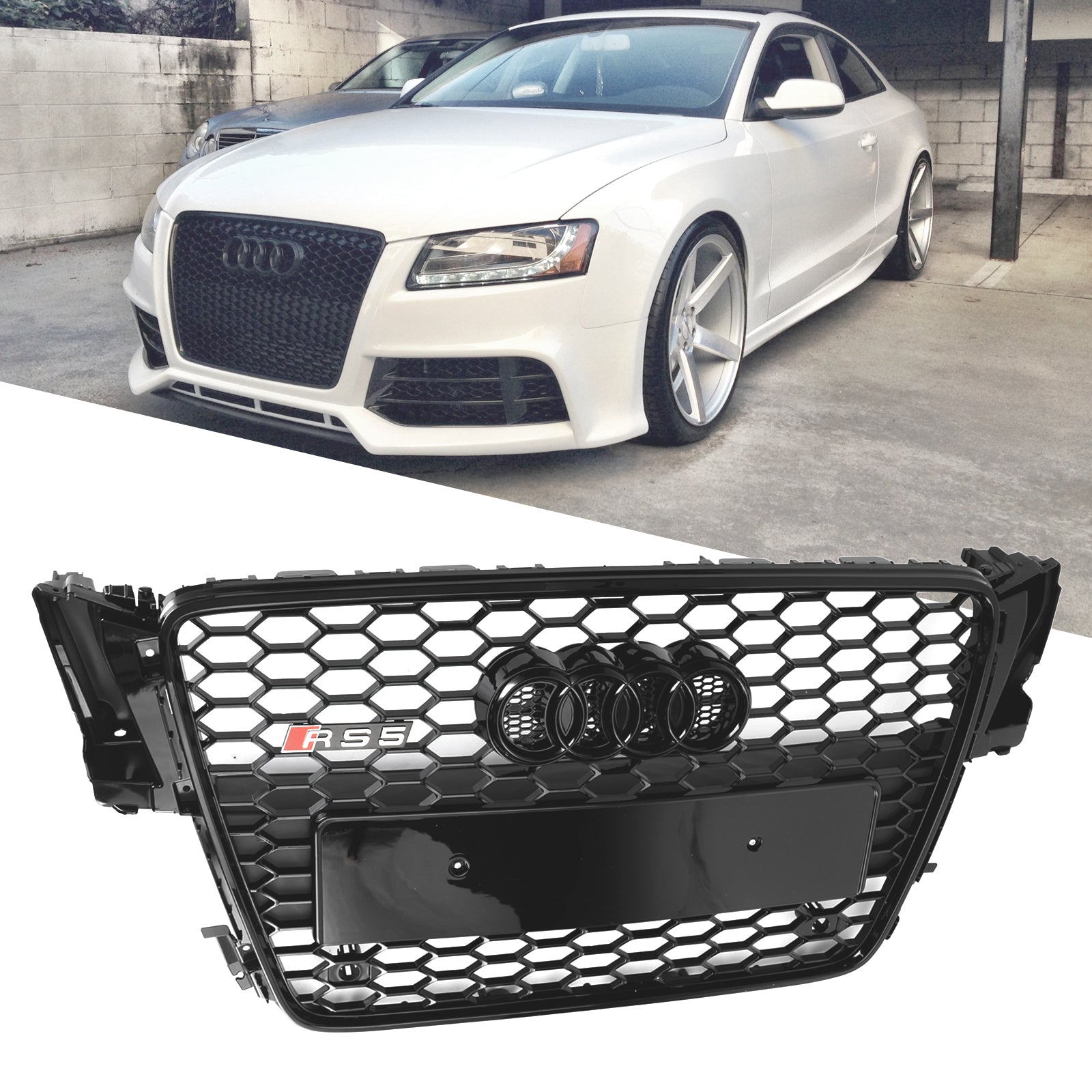 Audi 2008-2012 B8 A5/ A5 Sline/ S5  Honeycomb RS5 Grille Mesh Hex Glossy Black Front Grill With Ring Emblem