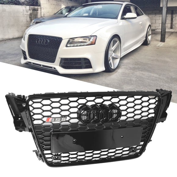 Audi 2008-2012 B8 A5/A5 Sline/S5 calandre RS5 en nid d'abeille maille hexagonale noire brillante avec emblème en anneau