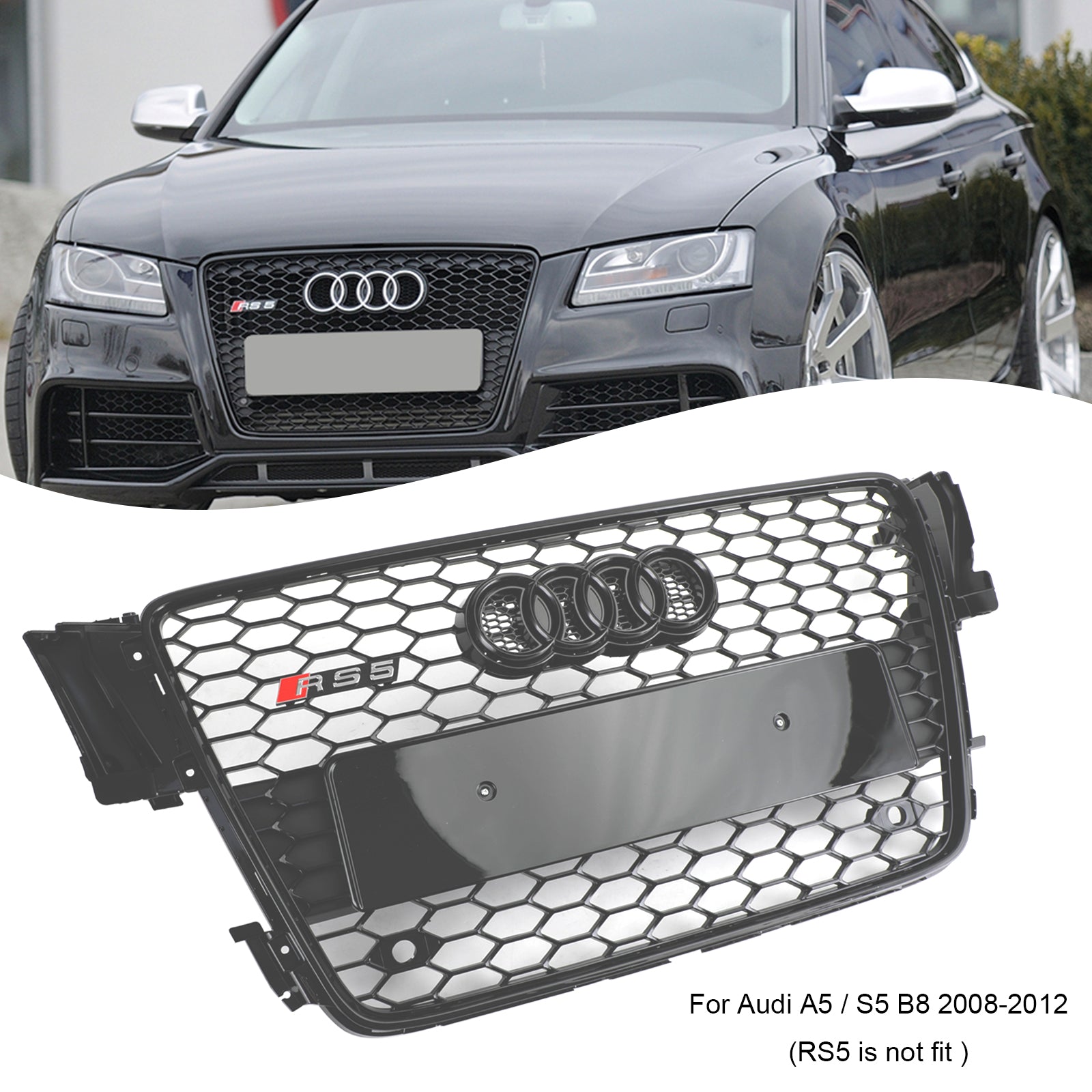 Grille de remplacement en maille sport en nid d'abeille pour capot Audi A5 / S5 B8 RS5 2008-2012 Grille noire