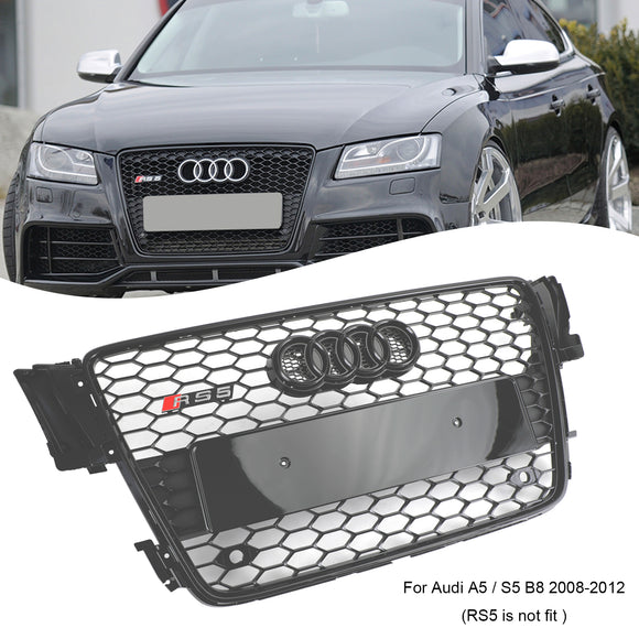 Audi 2008-2012 B8 A5/A5 Sline/S5 calandre RS5 en nid d'abeille maille hexagonale noire brillante avec emblème en anneau