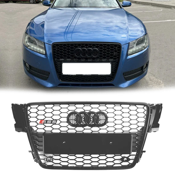 Audi 2008-2012 B8 A5/A5 Sline/S5 calandre RS5 en nid d'abeille maille hexagonale noire brillante avec emblème en anneau