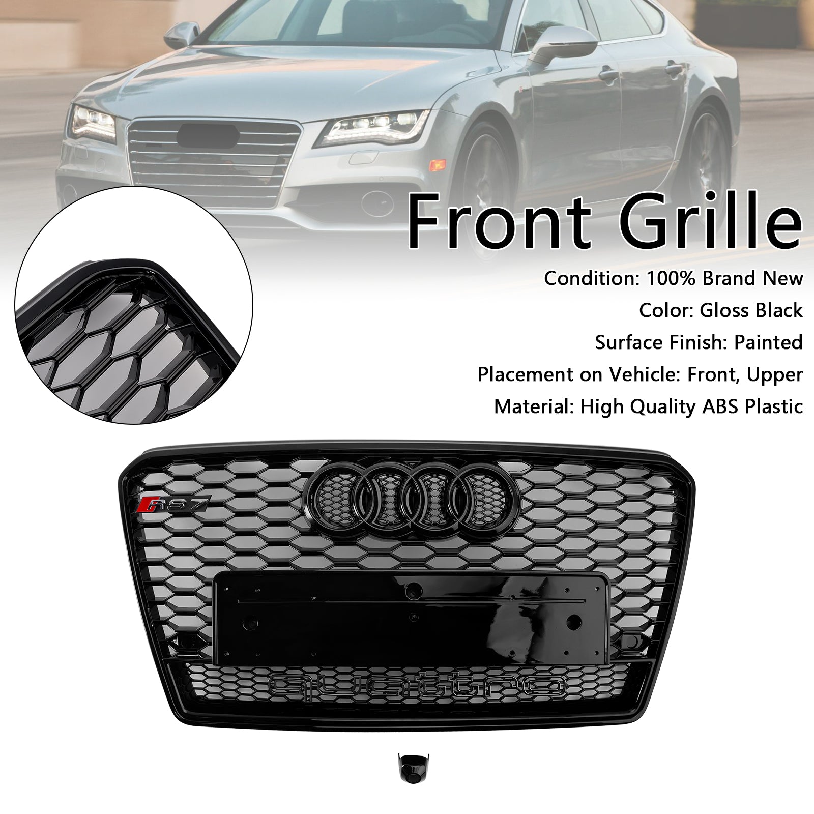 2012-2015  Audi A7/ A7 Sline/ S7 RS7 Style Grill Front Bumper Honeycomb Mesh Sport Black Grille W/ Ring Emblem + Quattro