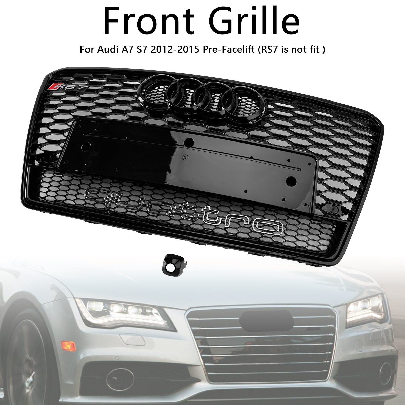 2012-2015  Audi A7/ A7 Sline/ S7 RS7 Style Grill Front Bumper Honeycomb Mesh Sport Black Grille W/ Ring Emblem + Quattro